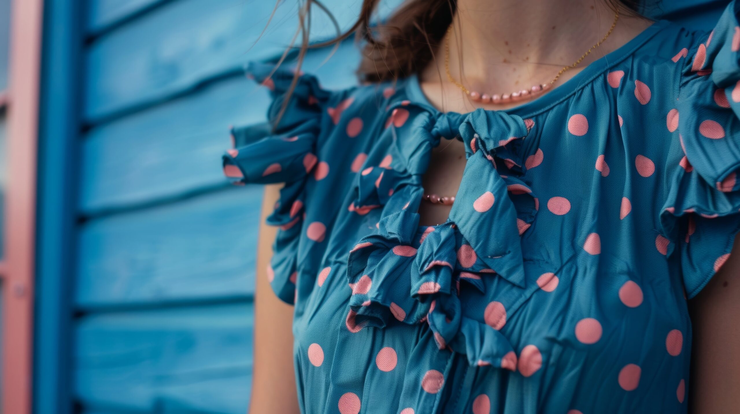 Close-up of a blue polka dot ruffled dress with pink accents worn by a woman, featuring delicate pearl jewelry.