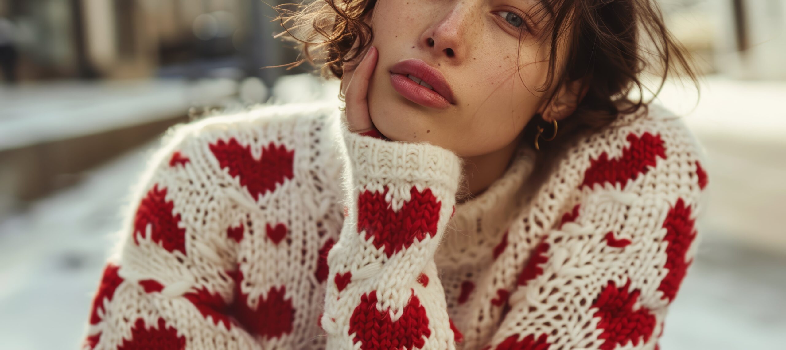 Close-up of a woman wearing a white knit jumper with red heart patterns, resting her head on her hand in an outdoor setting